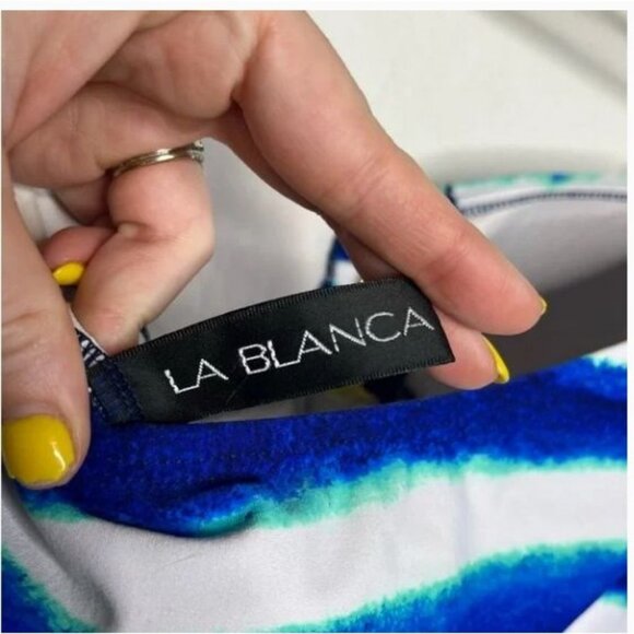 La Blanca One Piece White Blue Bandeau Cupped Ruched Swimsuit Size 10 - Picture 6 of 11